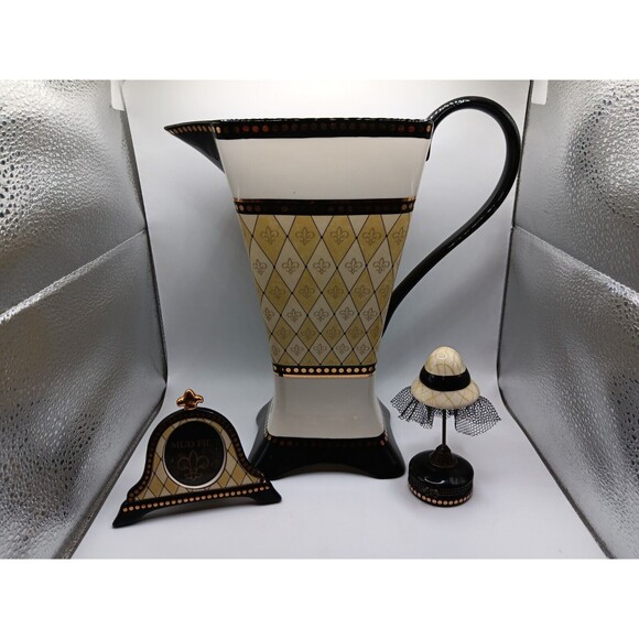 3 Piece Retired Mudpie Pitcher/Vase Trinket Box, Picture Frame Mud Pie Decor - Picture 1 of 15